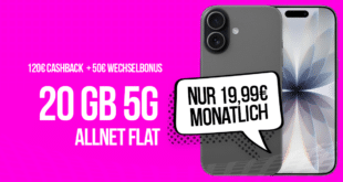 iPhone 17 für einmalig 460 Euro mit 20GB Allnet Flat und 50 Euro Wechselbonus und 120 Euro Cashback nur 19.99 Euro monatlich