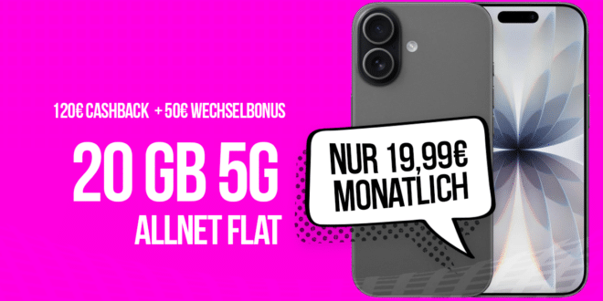 iPhone 17 für einmalig 460 Euro mit 20GB Allnet Flat und 50 Euro Wechselbonus und 120 Euro Cashback nur 19.99 Euro monatlich