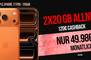 iPhone 17 Pro für einmalig 99 Euro mit 2x20GB Allnet Flat und 120 Euro Cashback nur 49.98 Euro monatlich