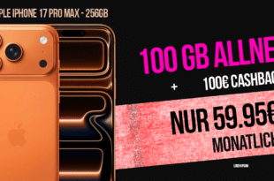 iPhone 17 Pro Max für einmalig 249 Euro mit 100GB Allnet Flat (Telekom bis zu 300 Mbit/s) und 100 Euro Cashback nur 59.95 Euro monatlich