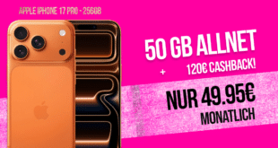 iPhone 17 Pro für einmalig 269 Euro mit 50GB Allnet Flat (Telekom bis zu 300 Mbit/s) und 120 Euro Cashback nur 49.95 Euro monatlich