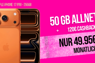iPhone 17 Pro für einmalig 269 Euro mit 50GB Allnet Flat (Telekom bis zu 300 Mbit/s) und 120 Euro Cashback nur 49.95 Euro monatlich