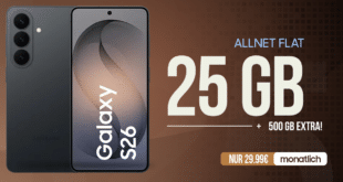 Samsung Galaxy S26 für einmalig 269 Euro mit 25GB Allnet Flat (+500GB extra!) und 100 Euro Wechselbonus nur 29.99 Euro monatlich