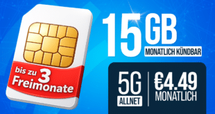 monatlich kündbar im 1&1 Netz - bis zu 3 Freimonate – 15GB Allnet Flat nur 4.49 Euro monatlich