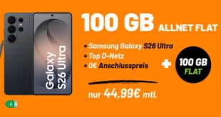 Samsung Galaxy S26 Ultra mit Vertrag - 512GB für einmalig 250 Euro mit 100GB Allnet Flat nur 44.99 Euro monatlich - kein Anschlusspreis