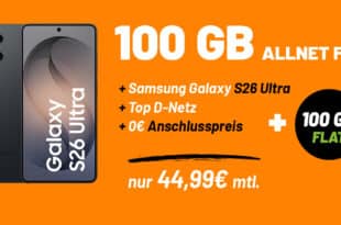 Samsung Galaxy S26 Ultra mit Vertrag - 512GB für einmalig 250 Euro mit 100GB Allnet Flat nur 44.99 Euro monatlich - kein Anschlusspreis