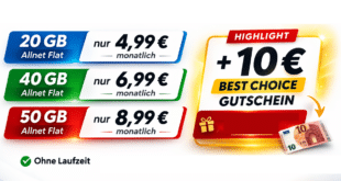 monatlich kündbar mit 10 € BestChoice Gutschein - 20GB Allnet Flat nur 4.99€ - 40GB Allnet Flat nur 6.99€ - 50GB Allnet Flat nur 8.99€