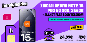 Xiaomi Redmi Note 15 Pro 5G für einmalig 49 Euro mit 50GB Allnet Flat und 150 Euro Wechselbonus und 100 Euro Cashback nur 24.99 Euro monatlich