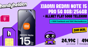Xiaomi Redmi Note 15 Pro 5G für einmalig 49 Euro mit 50GB Allnet Flat und 150 Euro Wechselbonus und 100 Euro Cashback nur 24.99 Euro monatlich