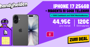iPhone 17 256GB für einmalig 120 Euro mit 50GB Allnet Flat und 150 Euro Wechselbonus und 150 Euro Cashback nur 44.95 Euro monatlich