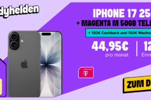 iPhone 17 256GB für einmalig 120 Euro mit 50GB Allnet Flat und 150 Euro Wechselbonus und 150 Euro Cashback nur 44.95 Euro monatlich