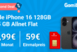 iPhone 16 128GB für einmalig 59 Euro mit 45GB Allnet Flat und 100 Euro Wechselbonus und 50 Euro Cashbakc nur 34.99 Euro monatlich