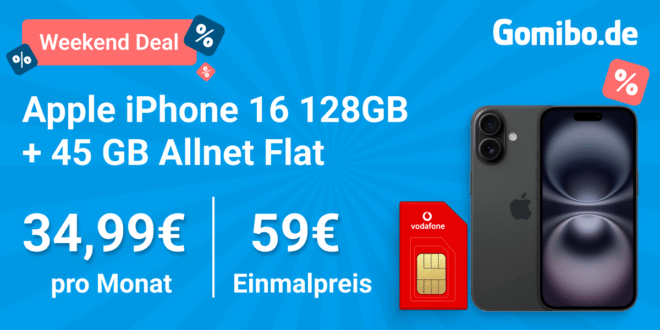 iPhone 16 128GB für einmalig 59 Euro mit 45GB Allnet Flat und 100 Euro Wechselbonus und 50 Euro Cashbakc nur 34.99 Euro monatlich