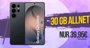 Samsung Galaxy S26 Ultra mit Voucher für einmalig 539 Euro mit 30GB Allnet Flat und 240 Euro Cashback nur 39.95 Euro monatlich