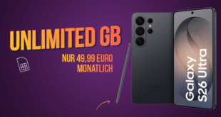 Samsung Galaxy S26 Ultra 512GB für einmalig 250 Euro mit Vodafone unlimited Allnet Flat nur 49.99 Euro monatlich.
