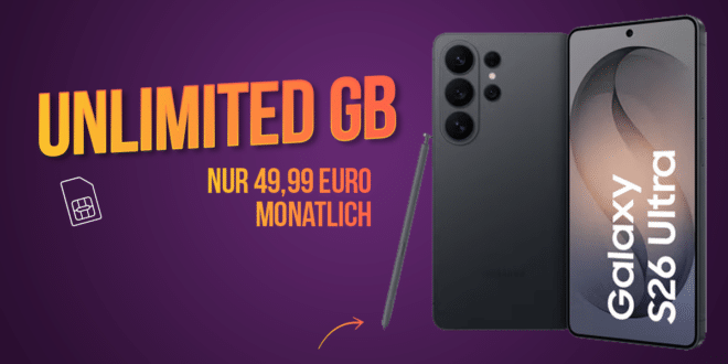 Samsung Galaxy S26 Ultra 512GB für einmalig 250 Euro mit Vodafone unlimited Allnet Flat nur 49.99 Euro monatlich.