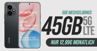 Honor 400 256GB für einmalig 44 Euro mit 45GB (35GB+10GB) Allnet Flat & 50 Euro Wechselbonus nur 12.99 Euro monatlich