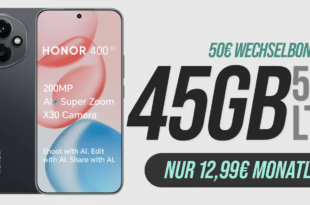 Honor 400 256GB für einmalig 44 Euro mit 45GB (35GB+10GB) Allnet Flat & 50 Euro Wechselbonus nur 12.99 Euro monatlich
