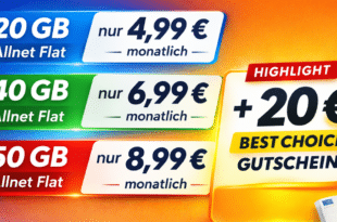 20 € BestChoice Gutschein – 20GB Allnet Flat nur 4.99€ – 40GB Allnet Flat nur 6.99€ – 50GB Allnet Flat nur 8.99€