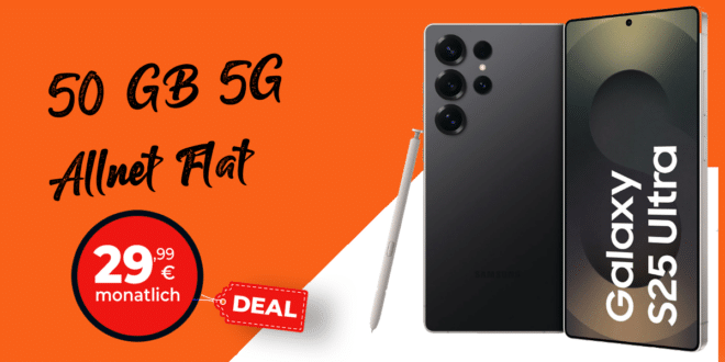 Samsung Galaxy S25 Ultra für einmalig 180 Euro mit 50GB Allnet Flat und 50 Euro Wechselbonus nur 29.99 Euro monatlich
