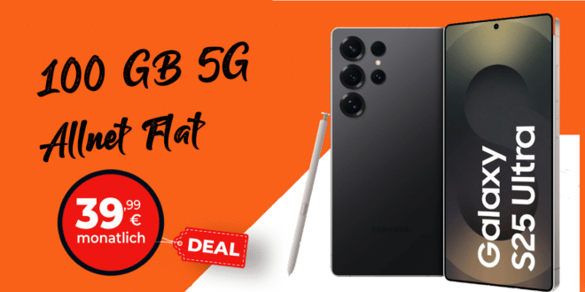 Samsung Galaxy S25 Ultra für einmalig 70 Euro mit 100GB Allnet Flat und 120 Euro Cashback nur 39.99 Euro monatlich