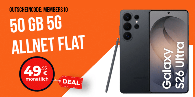 Samsung Galaxy S26 Ultra mit Telekom Vertrag - mit Gutscheincode einmalig 269.10 Euro mit 50GB Allnet Flat und 240 Euro Cashback nur 49.95 Euro monatlich