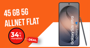 Samsung Galaxy S26 Ultra mit Voucher für einmalig 559 Euro mit 45GB Allnet Flat und 100 Euro Wechselbonus nur 34.99 Euro monatlich