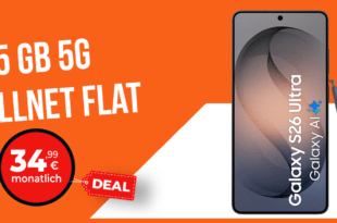Samsung Galaxy S26 Ultra mit Voucher für einmalig 559 Euro mit 45GB Allnet Flat und 100 Euro Wechselbonus nur 34.99 Euro monatlich