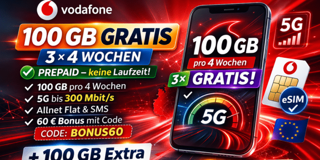 Vodafone CallYa Allnet Flat L: 3x 100 GB je 4 Wochen kostenlos – jetzt Prepaid-Deal sichern