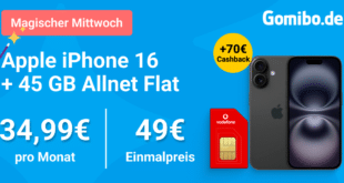 iPhone 16 für einmalig 49 Euro mit 45GB Allnet Flat und 100 Euro Wechselbonus und 70 Euro Cashback nur 34.99 Euro monatlich