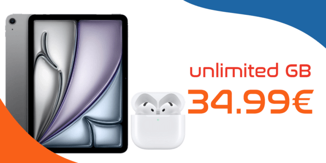 iPad Air 11'' (M4) WiFi & AirPods 4th Generation für einmalig 119 Euro mit unlimited Allnet Flat und 100 Euro Wechselbonus nur 34.99 Euro monatlich