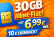 monatlich kündbar - 30GB Allnet Flat nur 6.99 Euro monatlich + 10 Euro Cashback