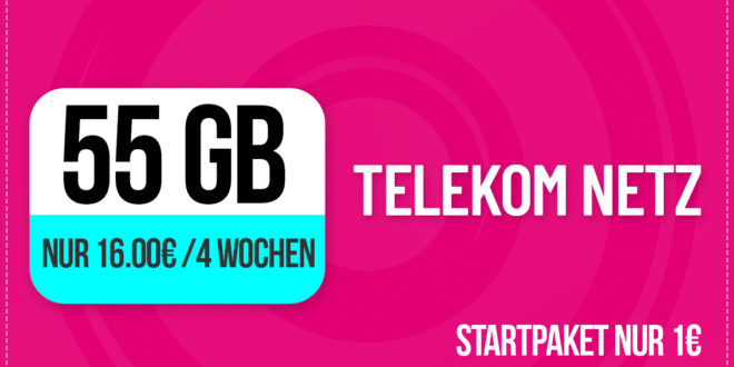 Prepaid im Telekom Netz - 45GB nur 12€ und 55GB nur 16€ alle 4 Wochen - Startpaket nur 1 Euro
