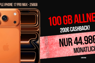 iPhone 17 Pro Max für einmalig 399 Euro mit 100GB Allnet Flat und 200 Euro Cashback nur 44.98 Euro monatlich