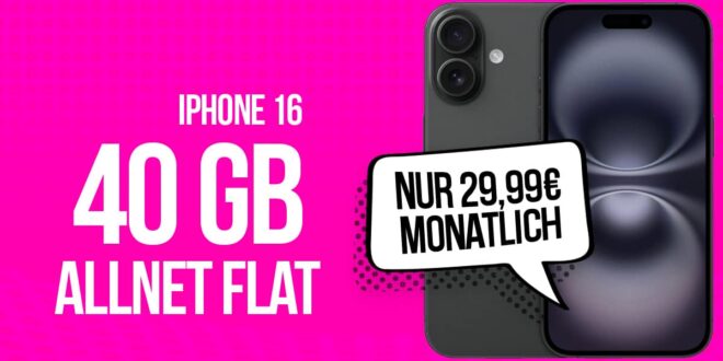 iPhone 16 für einmalig 80 Euro mit 40GB Allnet Flat nur 29.99 Euro monatlich - kein Anschlusspreis