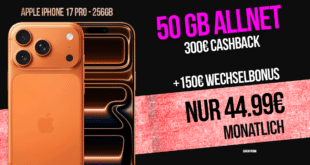 iPhone 17 Pro für einmalig 399 Euro mit 50GB Allnet Flat und 300 Euro Cashback und 150 Euro Wechselbonus nur 44.99 Euro monatlich