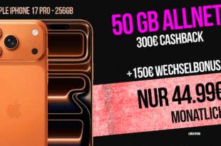 iPhone 17 Pro für einmalig 399 Euro mit 50GB Allnet Flat und 300 Euro Cashback und 150 Euro Wechselbonus nur 44.99 Euro monatlich