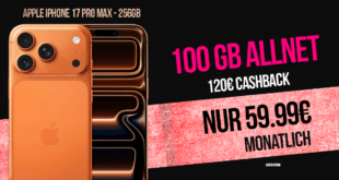 iPhone 17 Pro Max für einmalig 190 Euro mit 100GB Allnet Flat (Telekom bis zu 300 Mbit/s) und 120 Euro Cashback nur 59.95 Euro monatlich