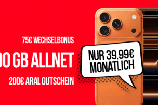 iPhone 17 Pro für einmalig 369 Euro mit 100GB Allnet Flat und 200 Euro ARAL Tankgutschein und 75 Euro Wechselbonus nur 39.99 Euro monatlich