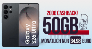 Samsung Galaxy S26 Ultra für einmalig 229 Euro mit 50GB Allnet Flat und 200 Euro Cashback und 50 Euro Wechselbonus nur 34.98 Euro monatlich