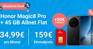 Honor Magic 8 Pro mit Voucher für einmalig 139 Euro mit 45GB Allnet Flat und 100 Euro Wechselbonus und 50 Euro Cashback nur 34.99 Euro monatlich