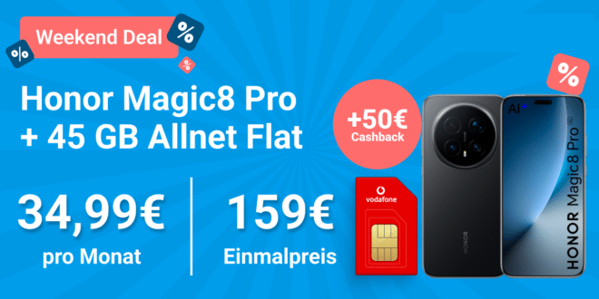 Honor Magic 8 Pro mit Voucher für einmalig 139 Euro mit 45GB Allnet Flat und 100 Euro Wechselbonus und 50 Euro Cashback nur 34.99 Euro monatlich