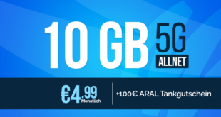 10GB Allnet Flat mit 100€ ARAL Tankgutschein nur 4.99 Euro monatlich