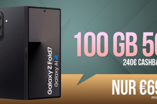 Samsung Galaxy Z Fold 7 für einmalig 389 Euro mit 100GB Allnet Flat und 240 Euro Cashback für 69.95 Euro monatlich