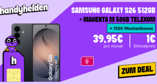 Samsung Galaxy S26 512GB mit 50GB Allnet Flat und 150 Euro Wechselbonus nur 39.95 Euro monatlich