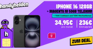 iPhone 16 für einmalig 235 Euro mit 50GB Allnet Flat und 150 Euro Wechselbonus und 150 Euro Cashback nur 34.95 Euro monatlich