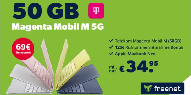 MacBook Neo für einmalig 69 Euro mit 50GB Allnet Flat und 125 Euro Wechselbonus nur 34.95 Euro monatlich