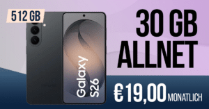 Samsung Galaxy S26 512GB mit Gutscheincode für 299 Euro mit 30GB Allnet Flat und 20 Euro Cashback nur 19 Euro monatlich