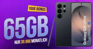 Samsung Galaxy S26 Ultra 512GB mit Gutscheincode für einmalig 289 Euro mit 65GB Allnet Flat und 100 Euro Wechselbonus nur 39.99 Euro monatlich