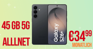 Samsung Galaxy S26 Plus 512GB mit Gutscheincode für einmalig 259 Euro mit 45GB Allnet Flat und 100 Euro Wechselbonus nur 34.99 Euro monatlich